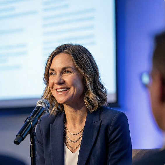 A woman standing at a podium speaks confidently with a background displaying colorful data graphs. She wears a neutral cardigan and a lanyard badge.